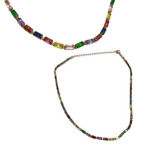 Multicolor Crystal Bezel Station Necklace - Gold